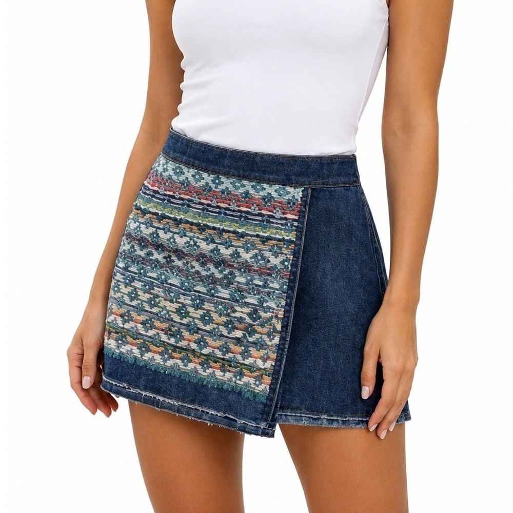 Women's Denim Wrap Mini Skirt Blue Size 10 Woven Aztec Boho Western Y2K Festival